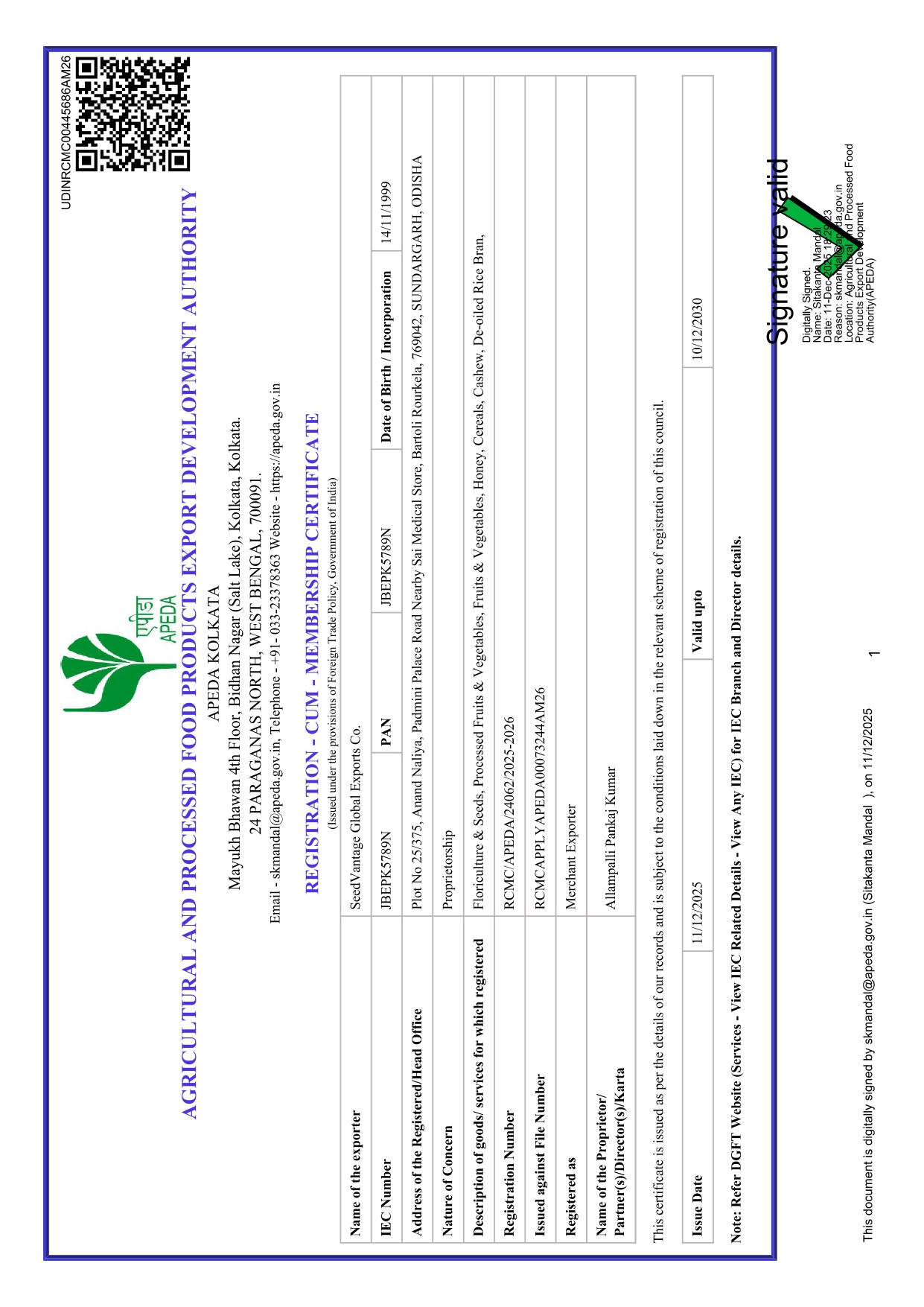 APEDA Certificate